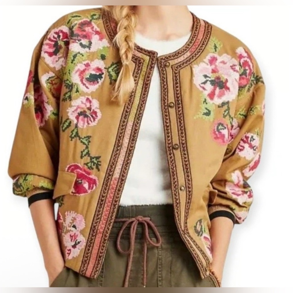 Anthropologie Floral Embroidered   Boho Bomber Jacket Size XS - Picture 7 of 15